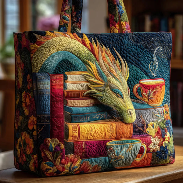 Handgemachte Tasche – Lesender Drache mit Büchern und Tasse