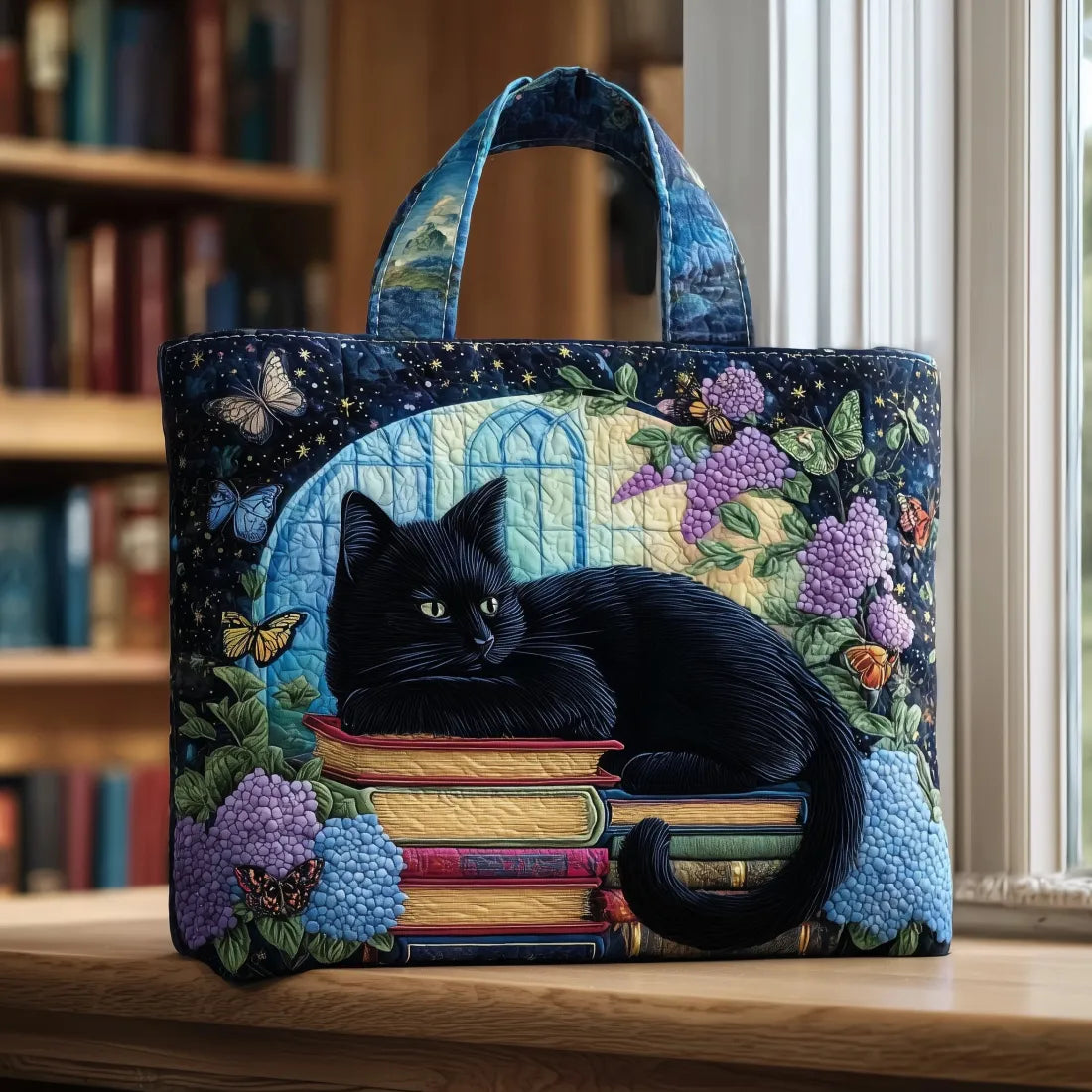 Handgemachte Tasche – Schwarze Katze mit Büchern