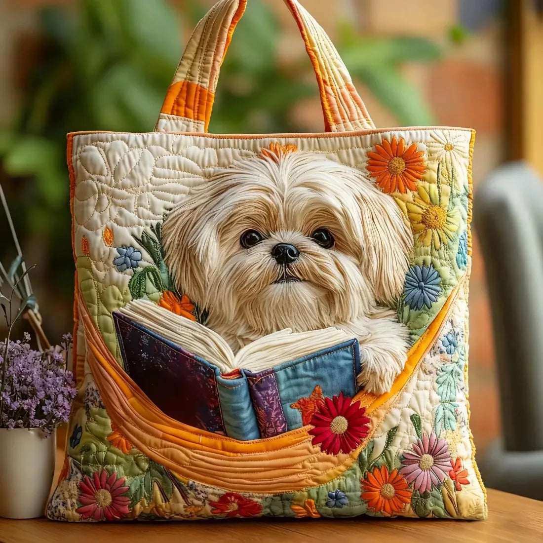 Handgemachte Tasche – Shih Tzu mit Büchern und Blumen