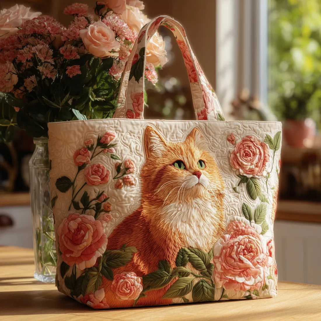 Handgemachte Tasche – Ingwerkatze mit Rose