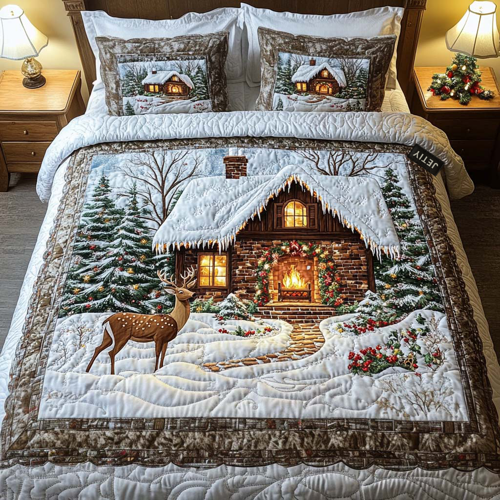 Gemütliche Winterhütte Reh 3-teiliges Bettwäsche-Set
