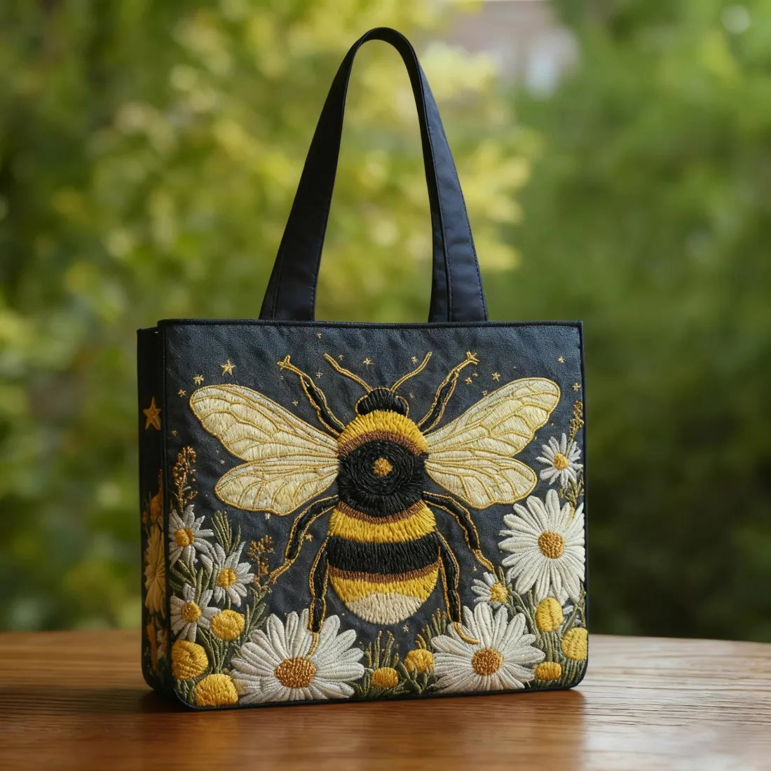 Handgemachte Tasche – Biene mit Margeriten und Sternen