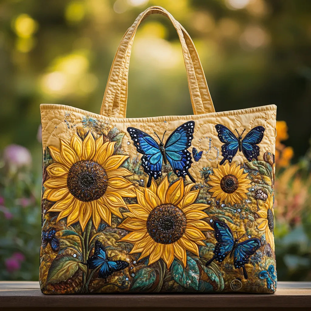 Handgemachte Tasche – Sonnenblumen und blaue Schmetterlinge