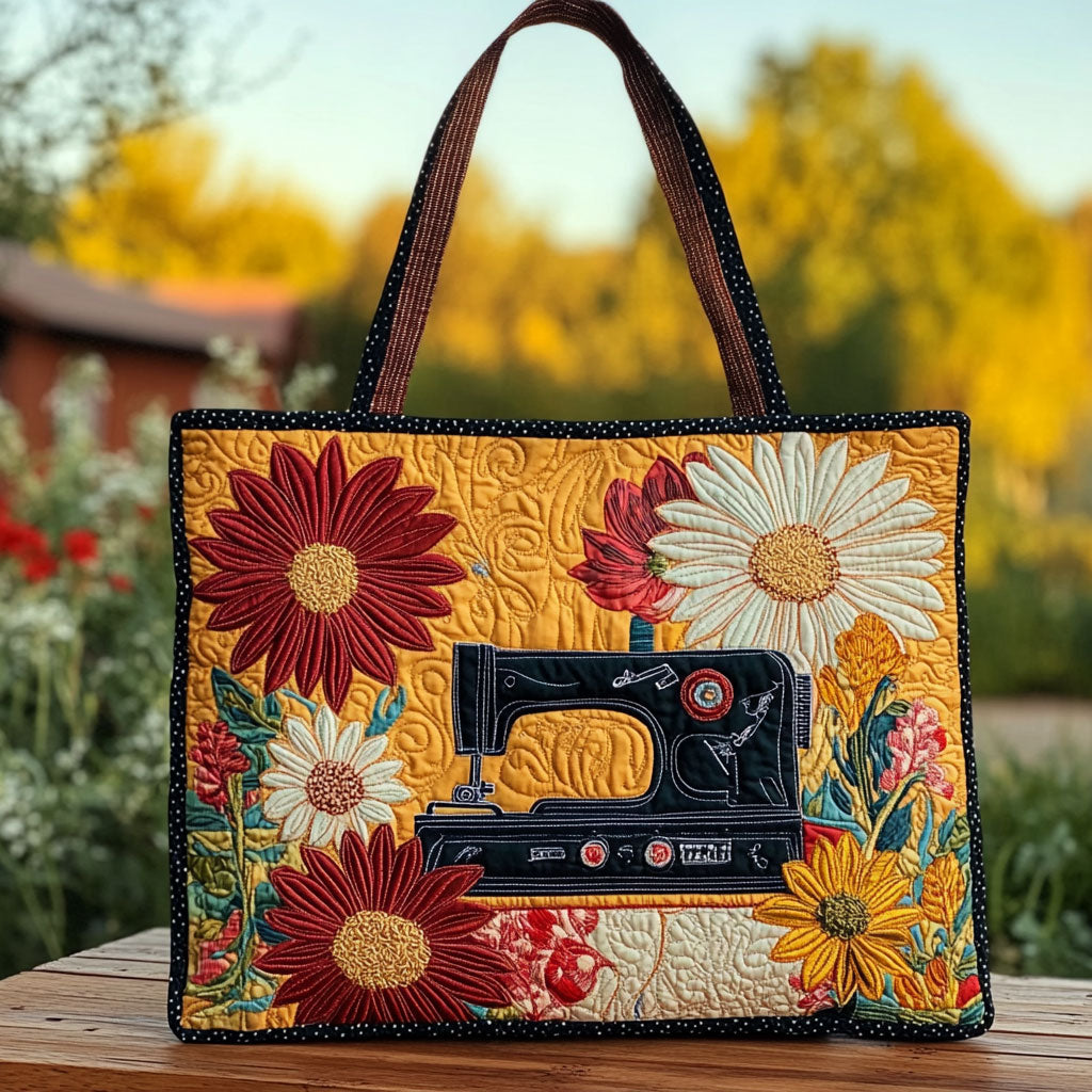 Handgemachte Tasche – Helle Blumen und Nähmaschine