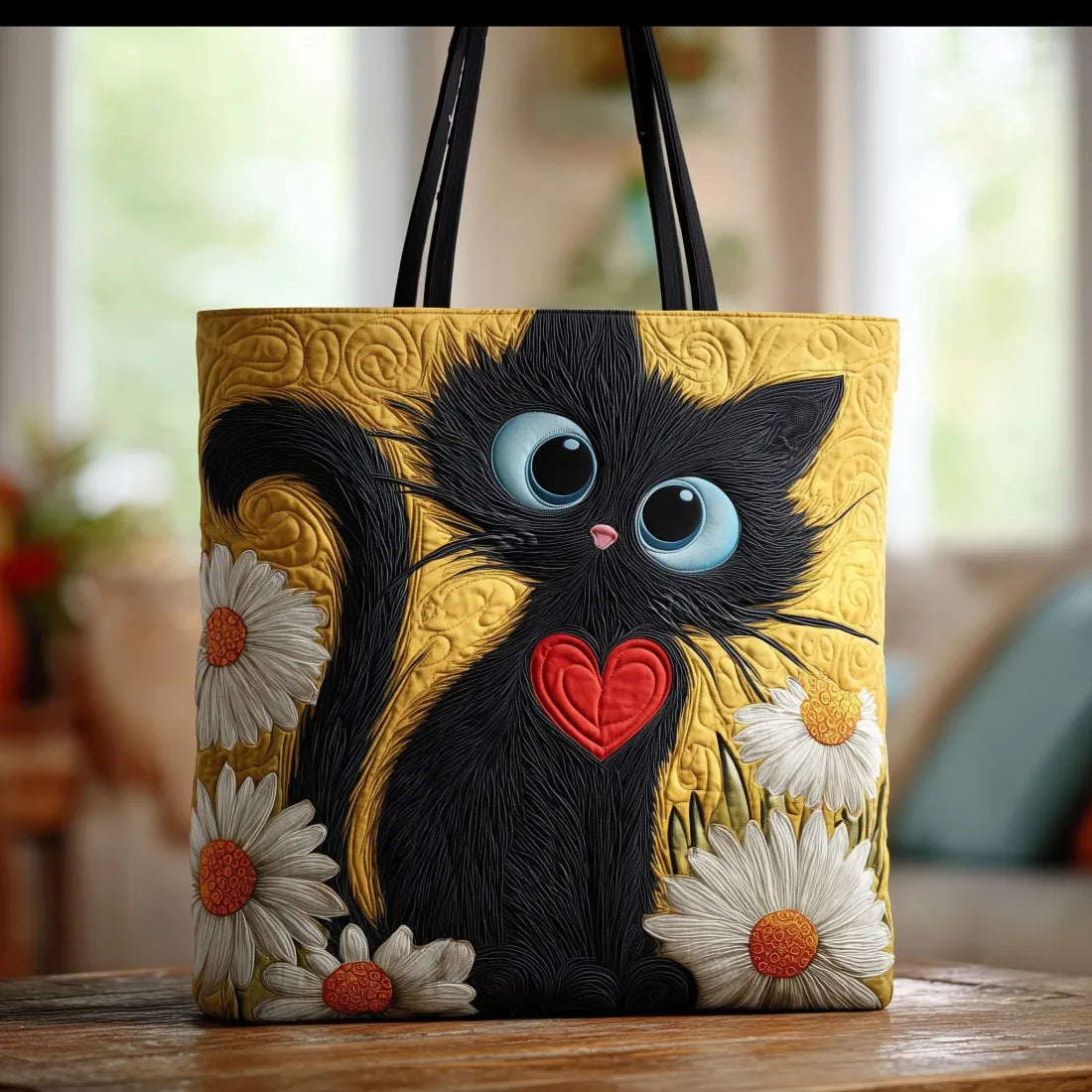 Handgemachte Tasche – Schwarze Katze mit Margeriten