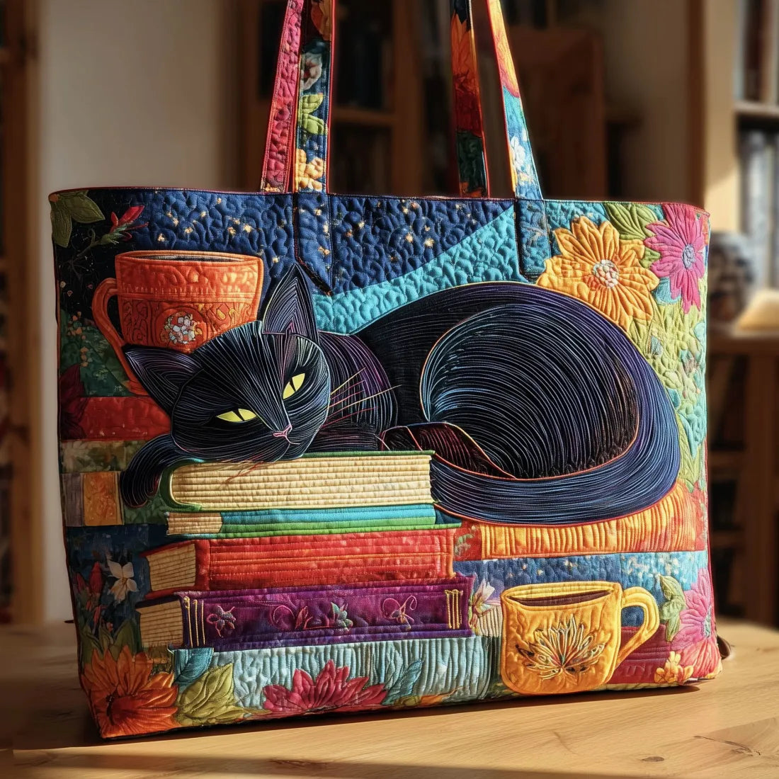 Handgemachte Tasche – Schwarze Katze mit Büchern und Tasse