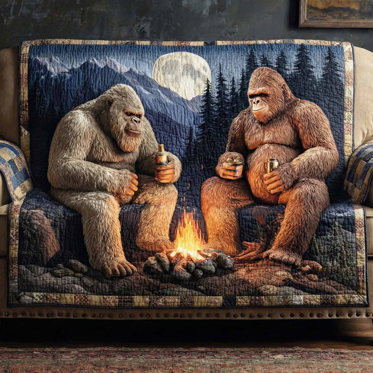 Bigfoot Lagerfeuer Mondnacht Sofaüberwurf