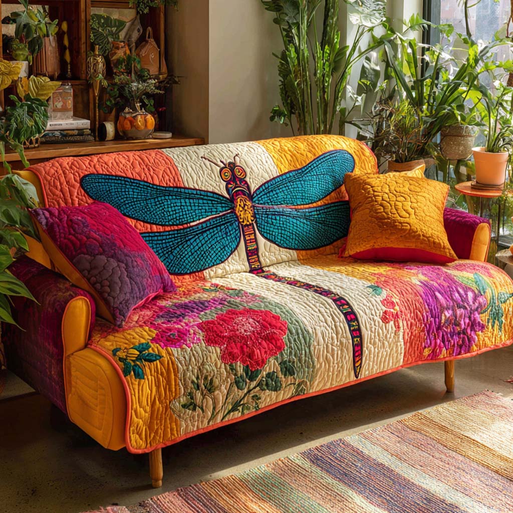 Bunte Libelle Blüten Sofaüberwurf
