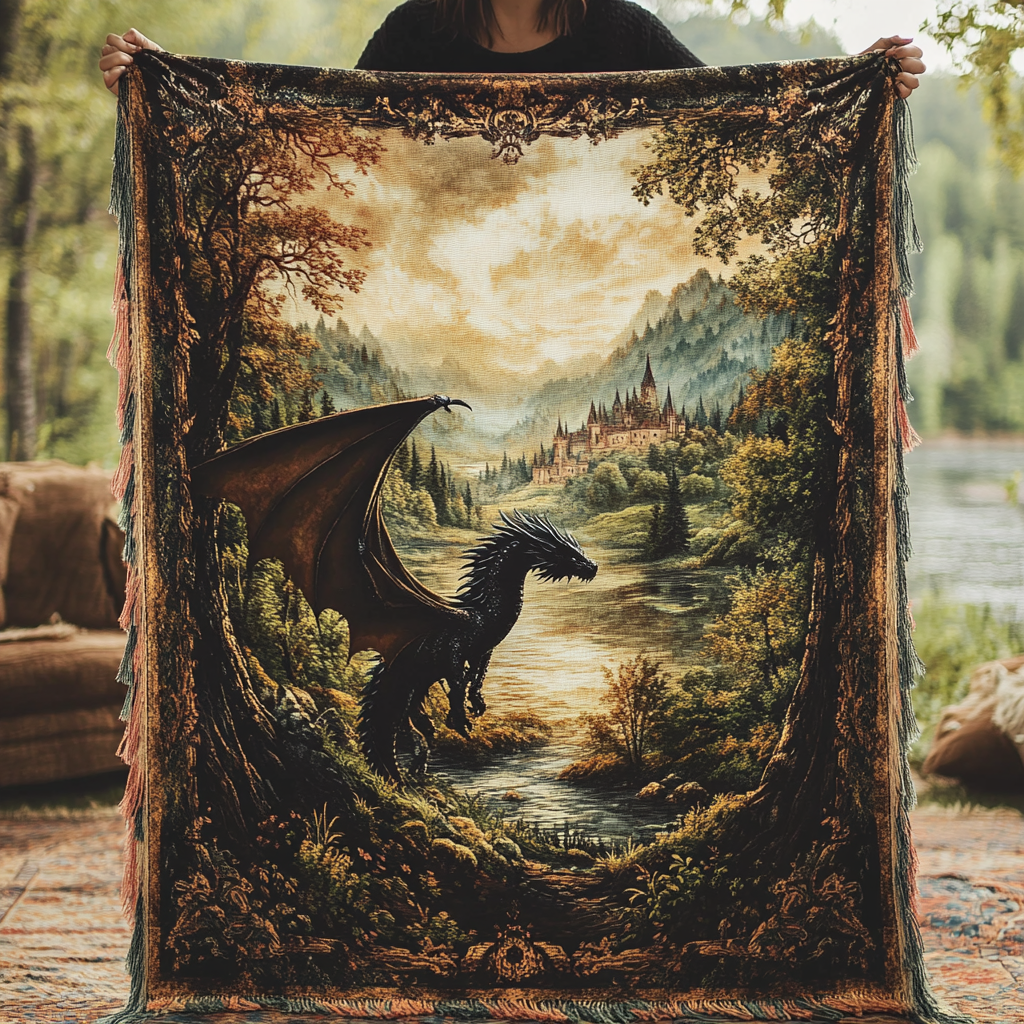 Schwarzer Drache Waldbach Gewebt Sofadecke