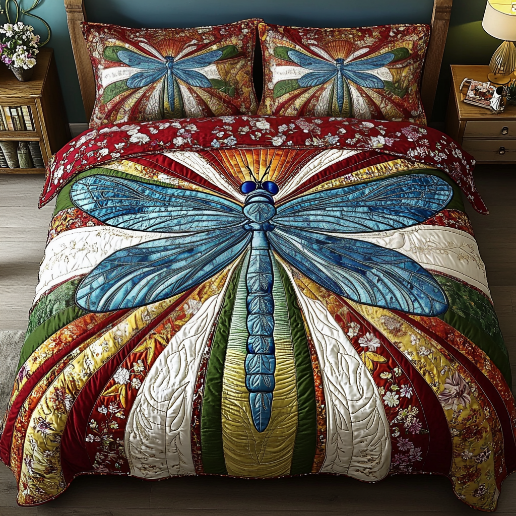 Bunte Libelle Patchwork 3-teiliges Bettwäsche-Set