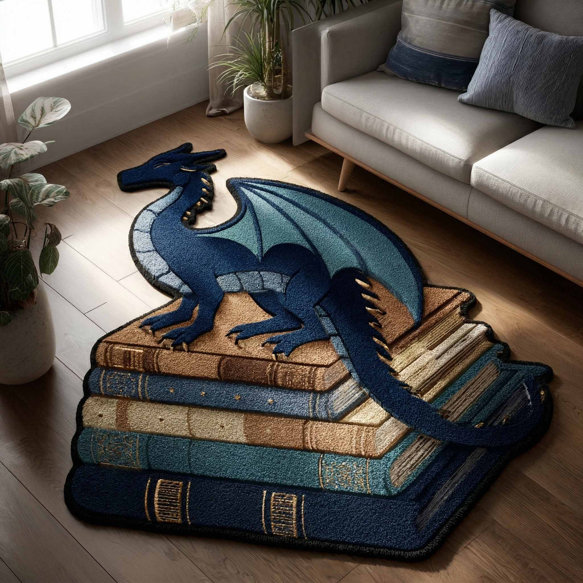 Azurblauer Drache Bücherstapel Sonderform Decke