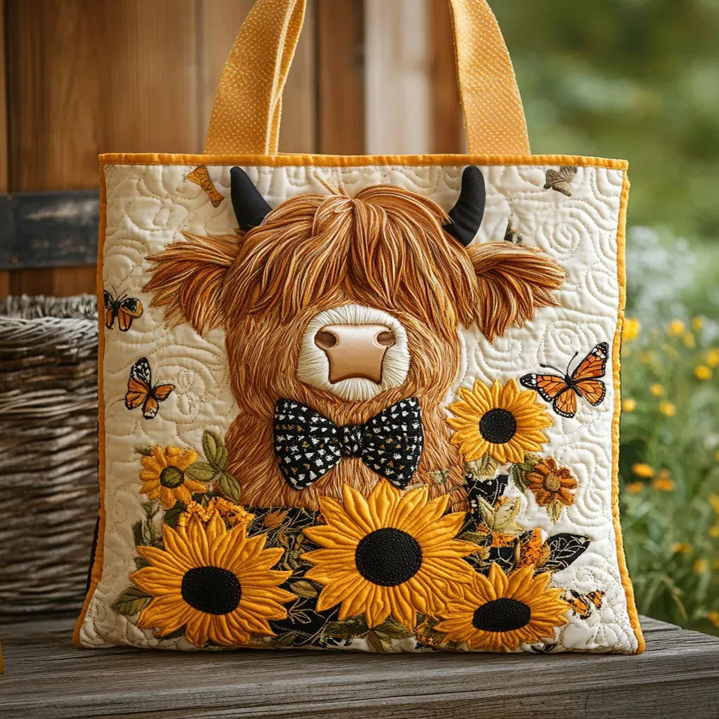 Handgemachte Tasche – Highland-Kuh mit Sonnenblumen