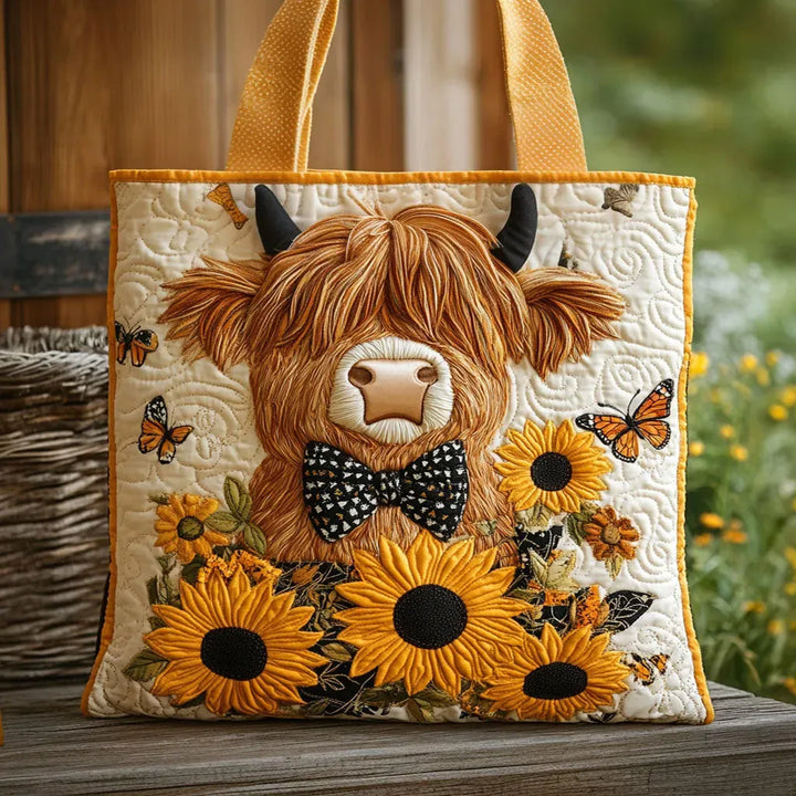 Handgemachte Tasche – Highland-Kuh mit Sonnenblumen