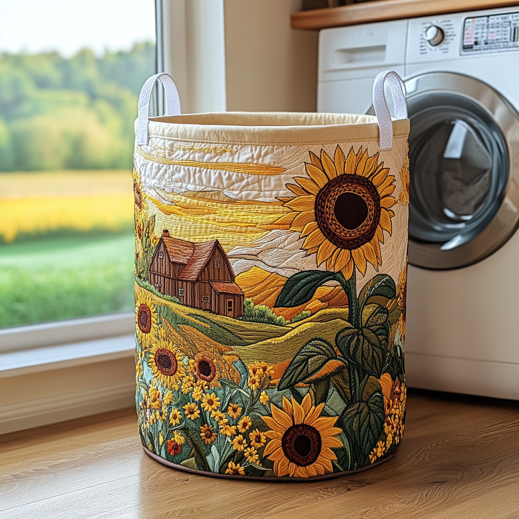 Sonnenblumenfeld am Bauernhof Wäschekorb
