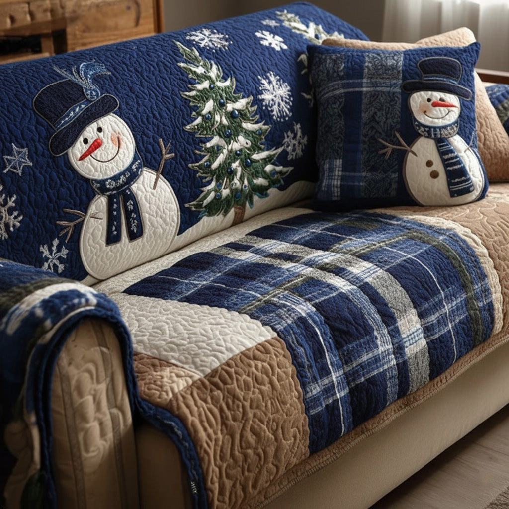 Schneemann Blaues Karo Sofaüberwurf