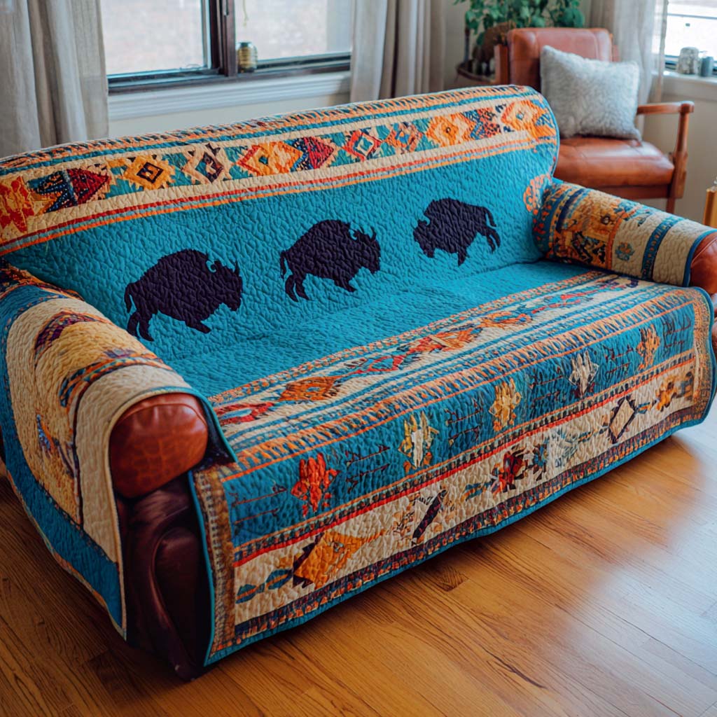 Türkiser Bison Ethno Sofaüberwurf