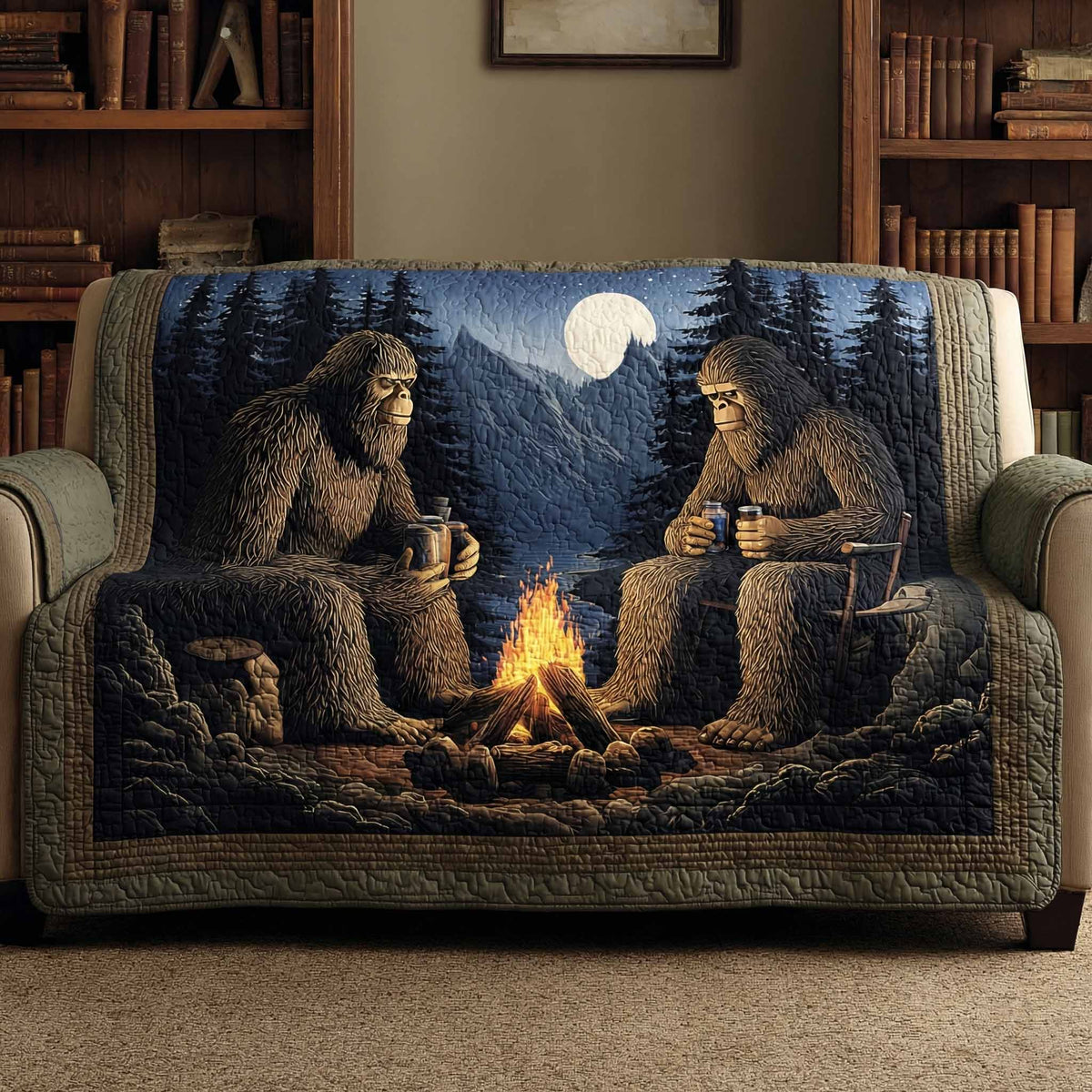 Bigfoot Lagerfeuer Mondnacht Sofaüberwurf