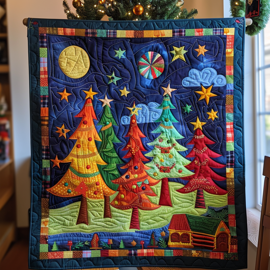 Farbenfrohe Weihnachtsbäume Decke