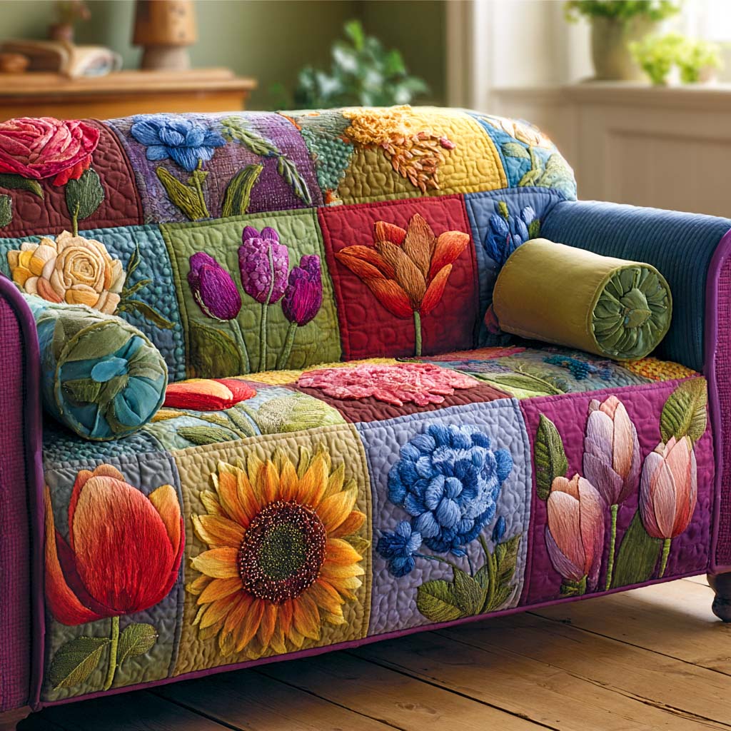Bunter Blütengarten Patchwork Sofaüberwurf