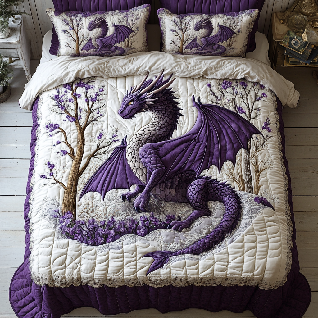 Violetter Drache Winterwald 3-teiliges Bettwäsche-Set