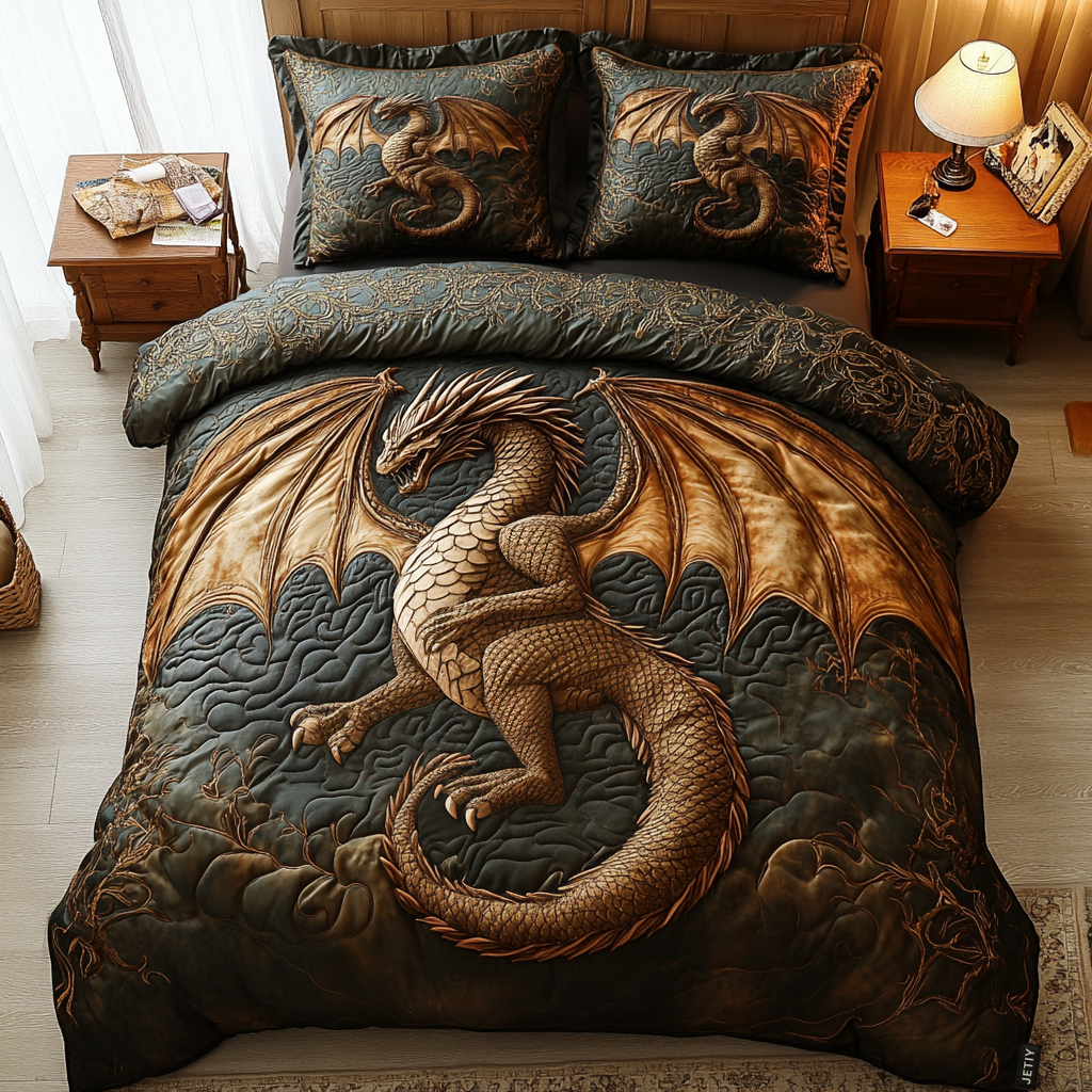 Goldener Drache Glühen 3-teiliges Bettwäsche-Set