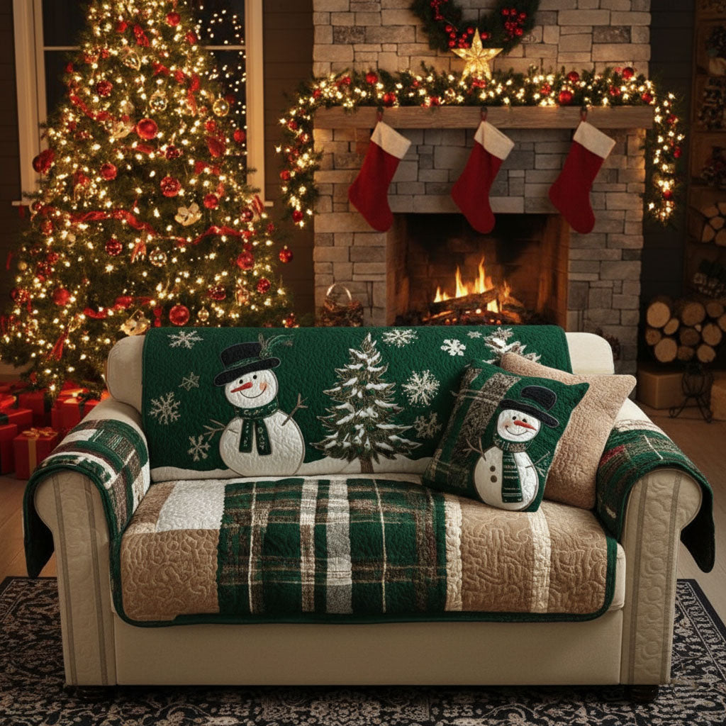 Schneemann Tannenwald Patchwork Sofaüberwurf