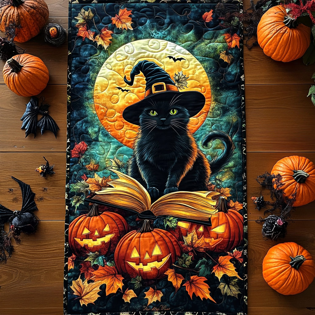 Schwarze Hexenkatze Kürbis Tischläufer