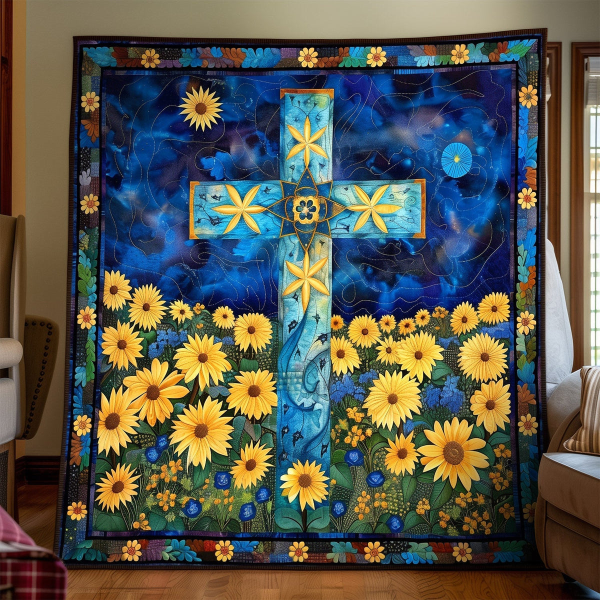Blaues Sonnenblumenkreuz Kunst Wandbehang