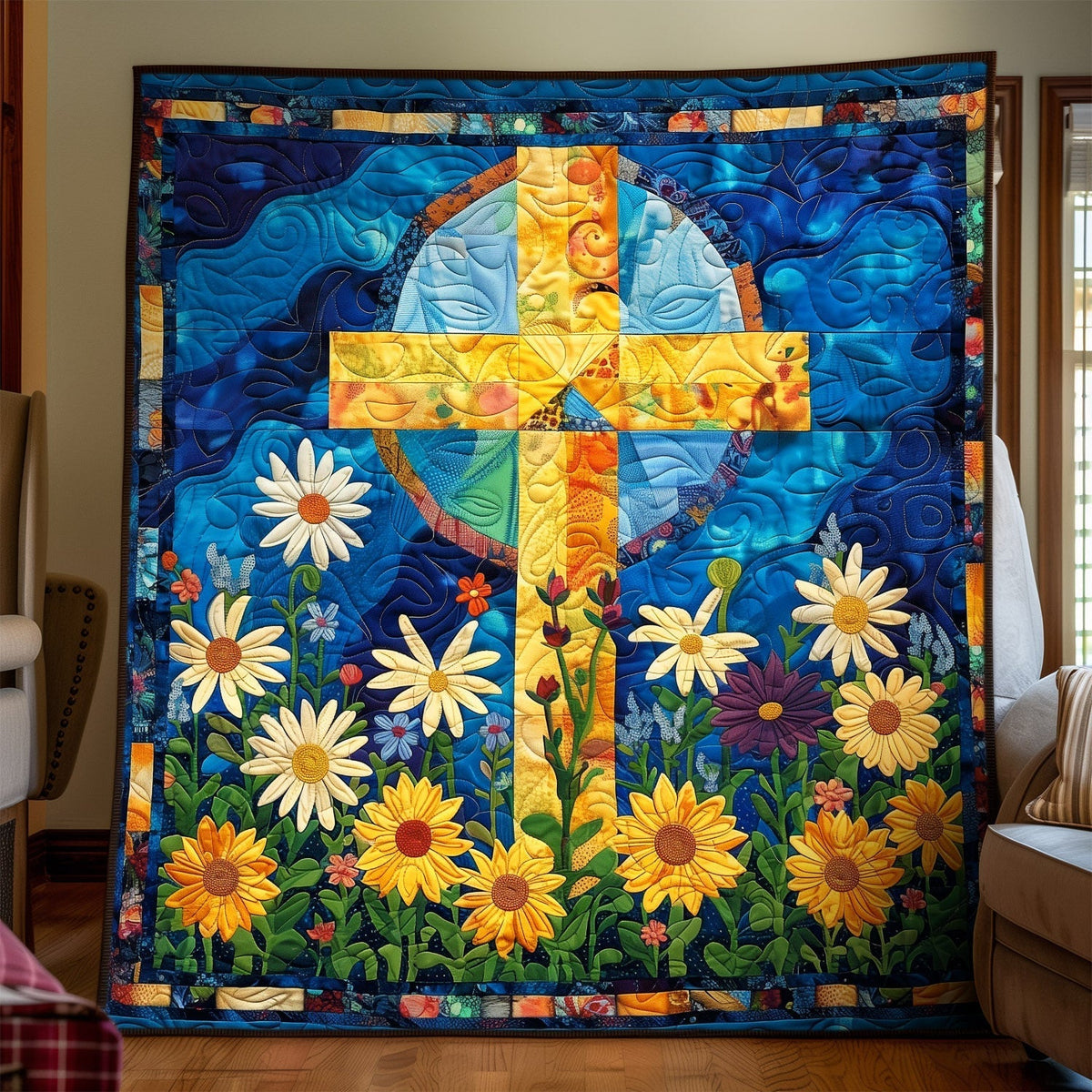 Goldenes Sonnenblumenkreuz Kunst Hängend