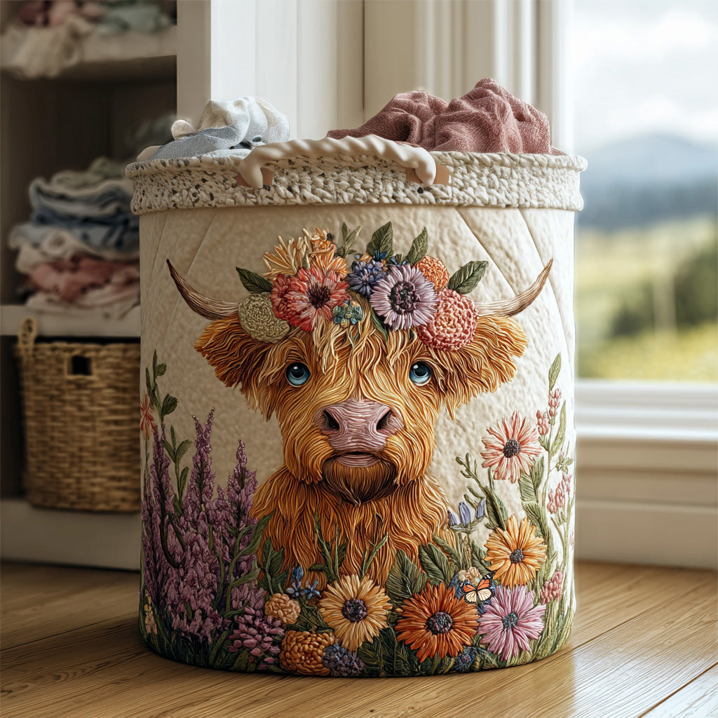 Highlandrind mit Blütenkrone Wäschekorb