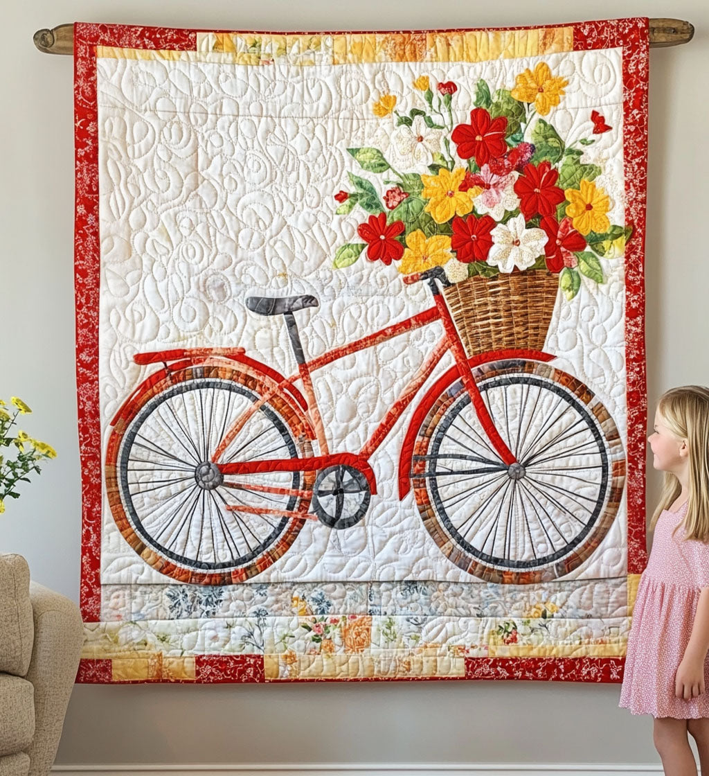 Rotes Fahrrad mit Blumenkorb Kunst Wandbehang