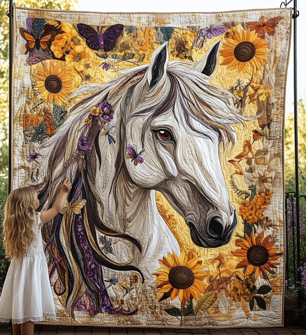 Weisses Pferd in Blumenwiese Kunst Wandbehang