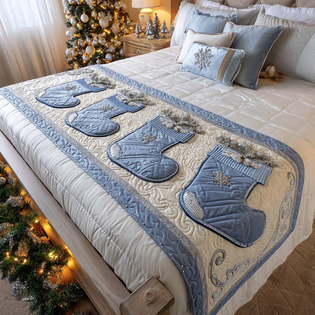Frostige Blaue Weihnachtsstrümpfe Bettläufer