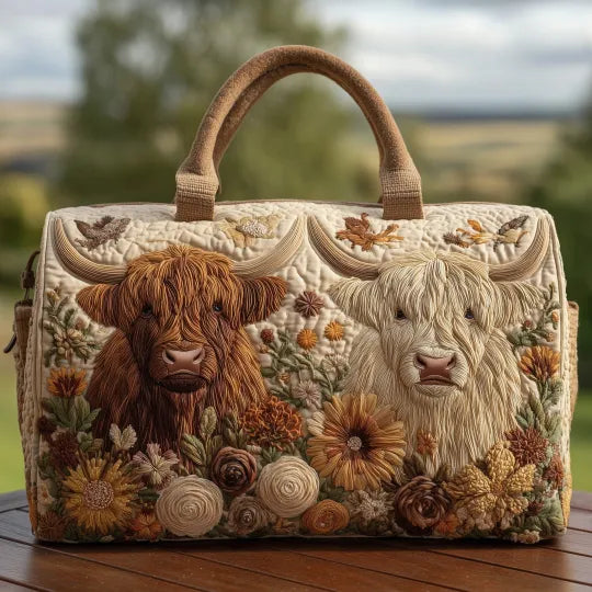 Gesteppte Reisetasche mit zwei schottischen Hochlandrindern und Wiesenblumen