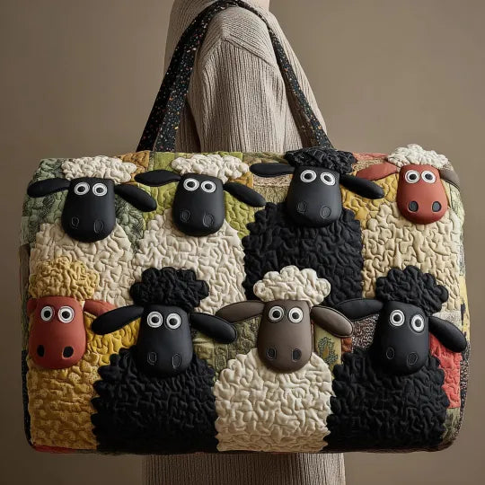 Gesteppte Reisetasche mit schwarzen und weissen Schafen im Patchwork