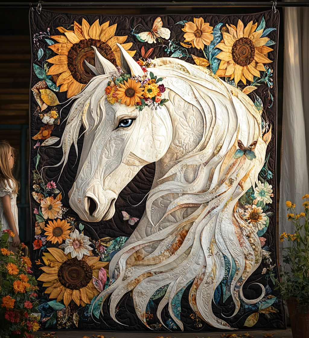 Weisses Pferd mit Sonnenblumenkrone Kunst Wandbehang
