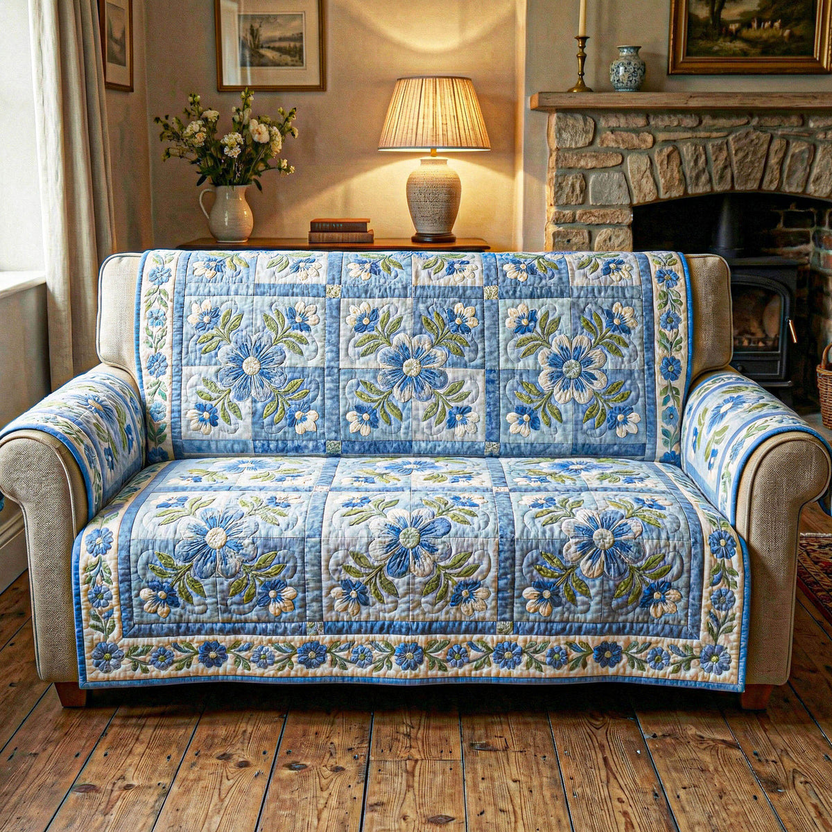 Blaue Blütenranke Sofaüberwurf