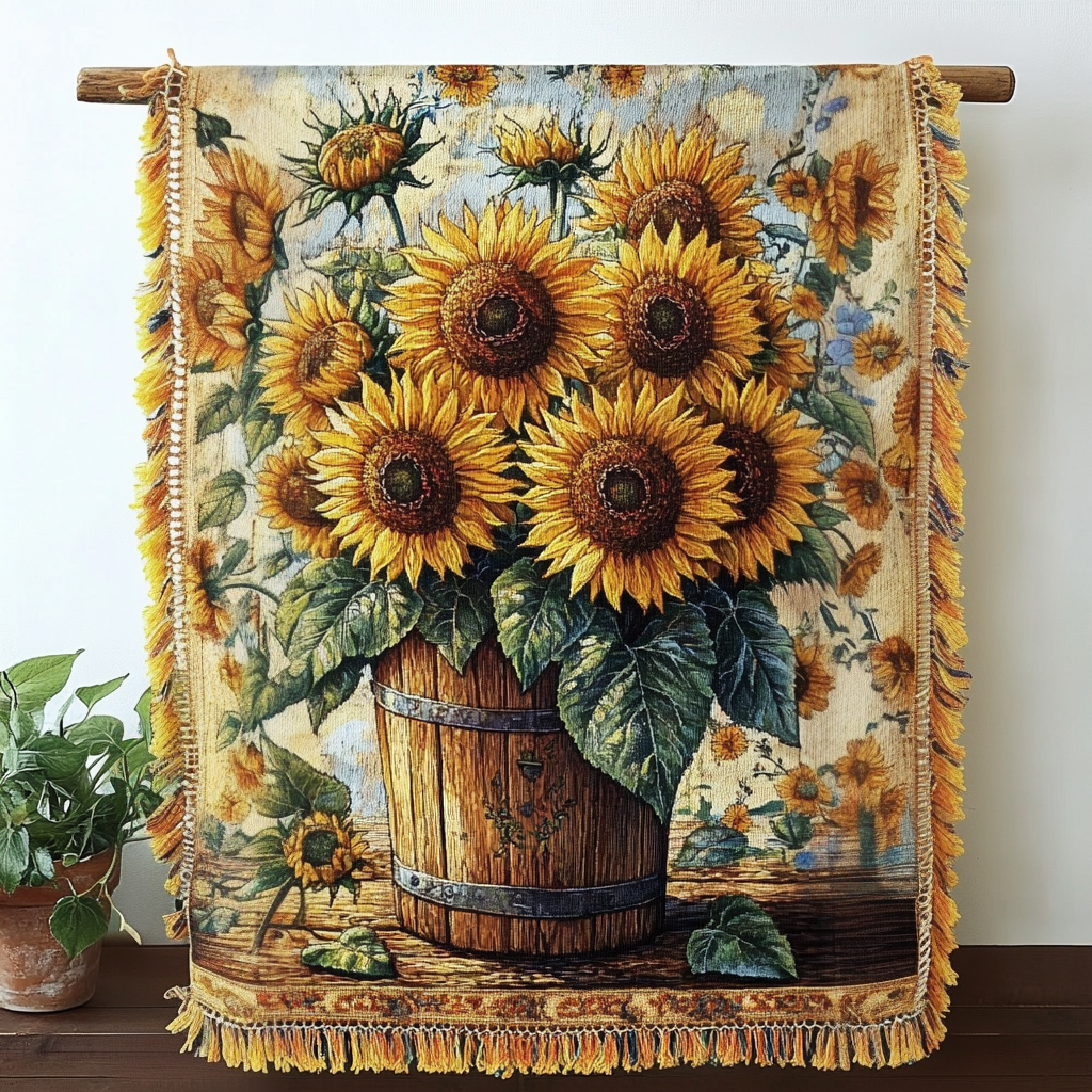 Goldene Sonnenblumen Vase Gewebt Sofadecke