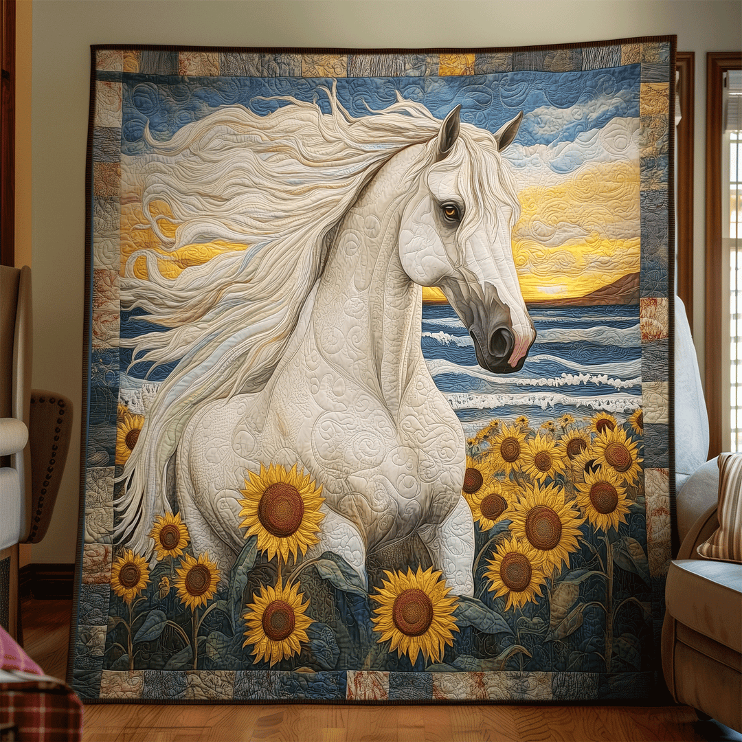 Weisses Pferd im Sonnenblumenfeld Kunst Wandbehang