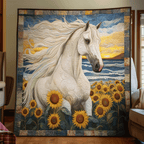 Weisses Pferd im Sonnenblumenfeld Kunst Wandbehang