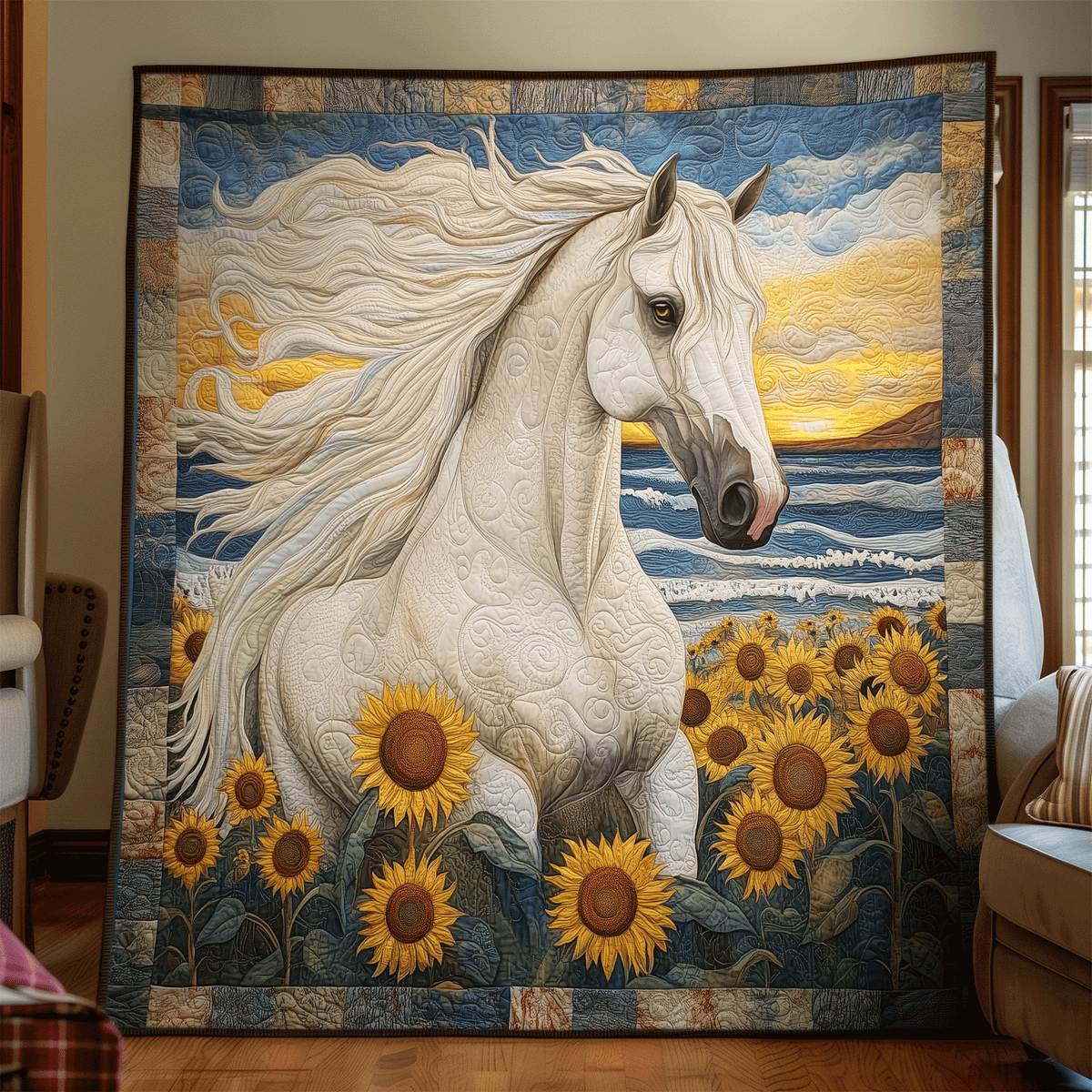 Weisses Pferd im Sonnenblumenfeld Kunst Wandbehang