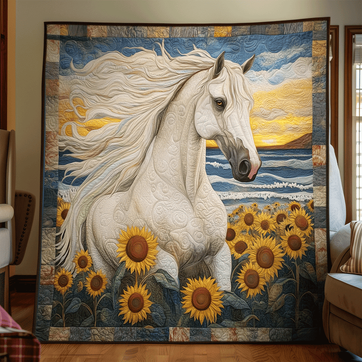 Weisses Pferd im Sonnenblumenfeld Kunst Wandbehang