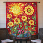 Sonnenblumen auf Rotem Grund Kunst Wandbehang