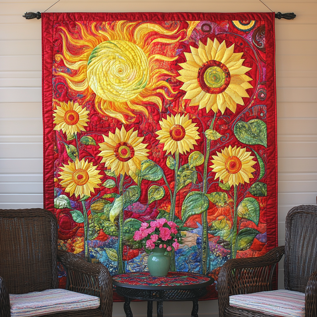 Sonnenblumen auf Rotem Grund Kunst Wandbehang