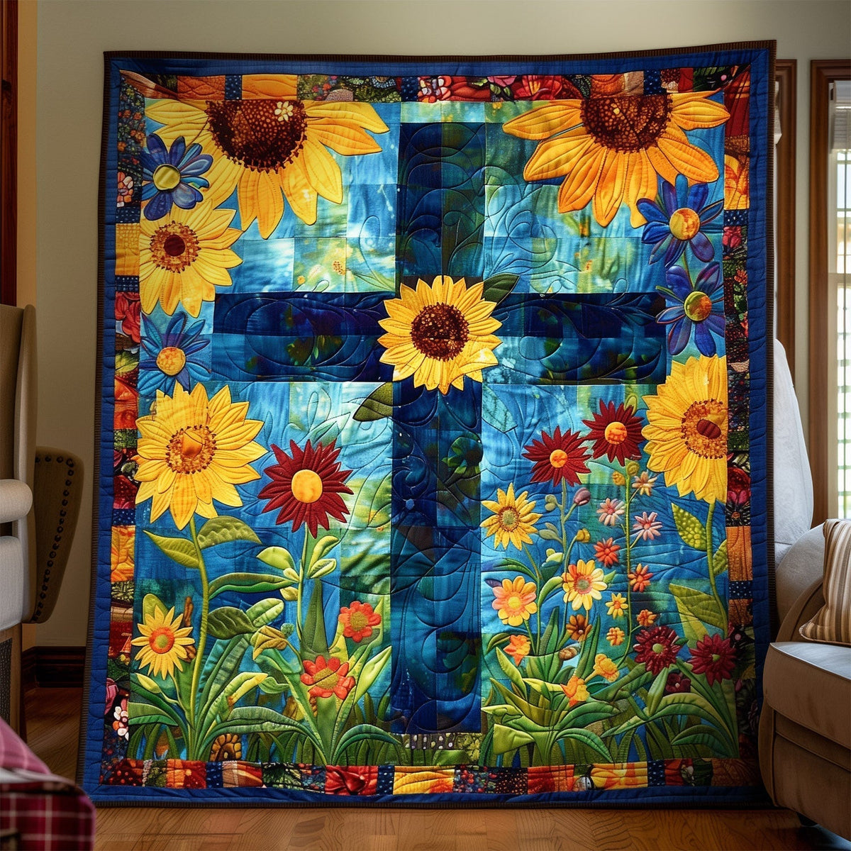 Blaues Sonnenblumenkreuz II Kunst Wandbehang