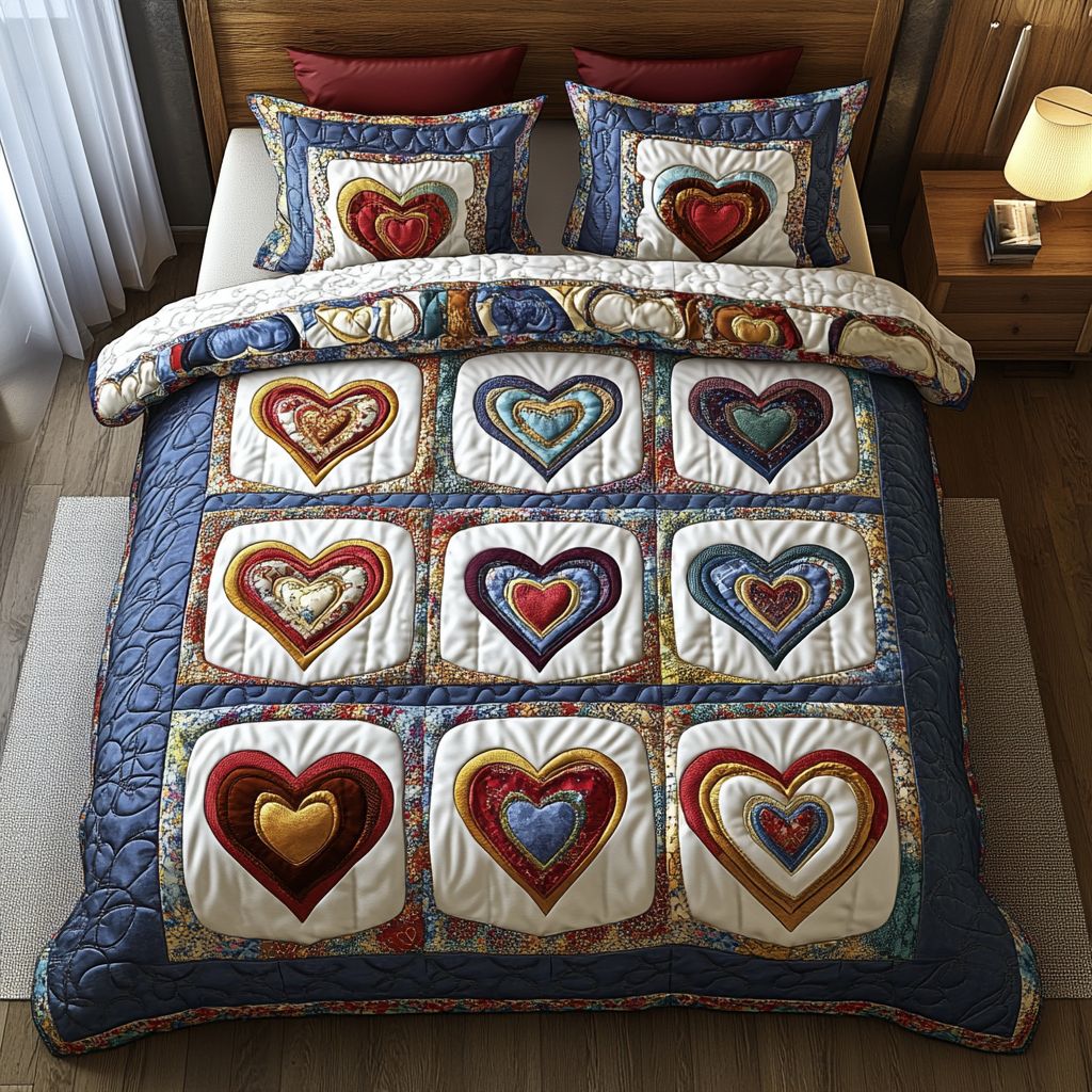 Herzen Blüten Patchwork 3-teiliges Bettwäsche-Set
