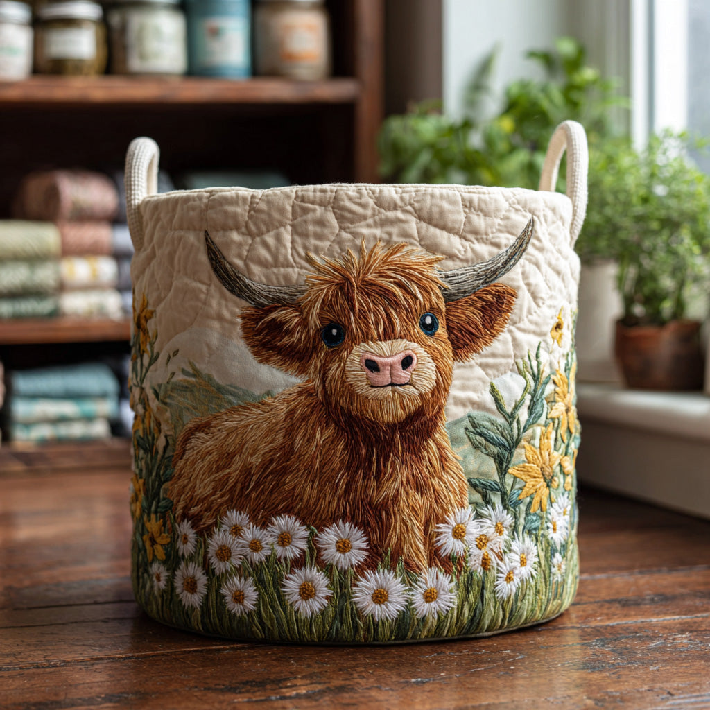 Highlandrind mit Margeriten Wäschekorb