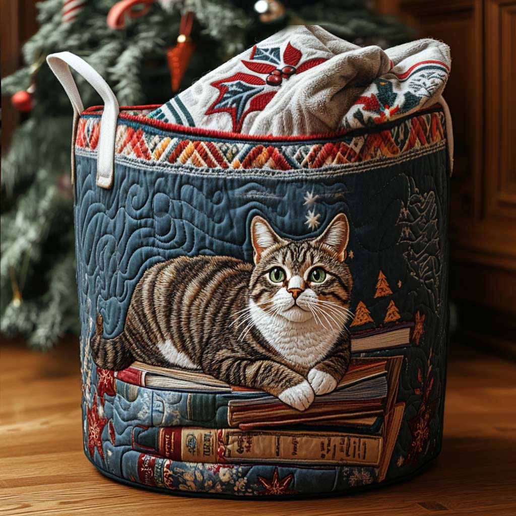 Getigerte Katze auf Büchern Wäschekorb