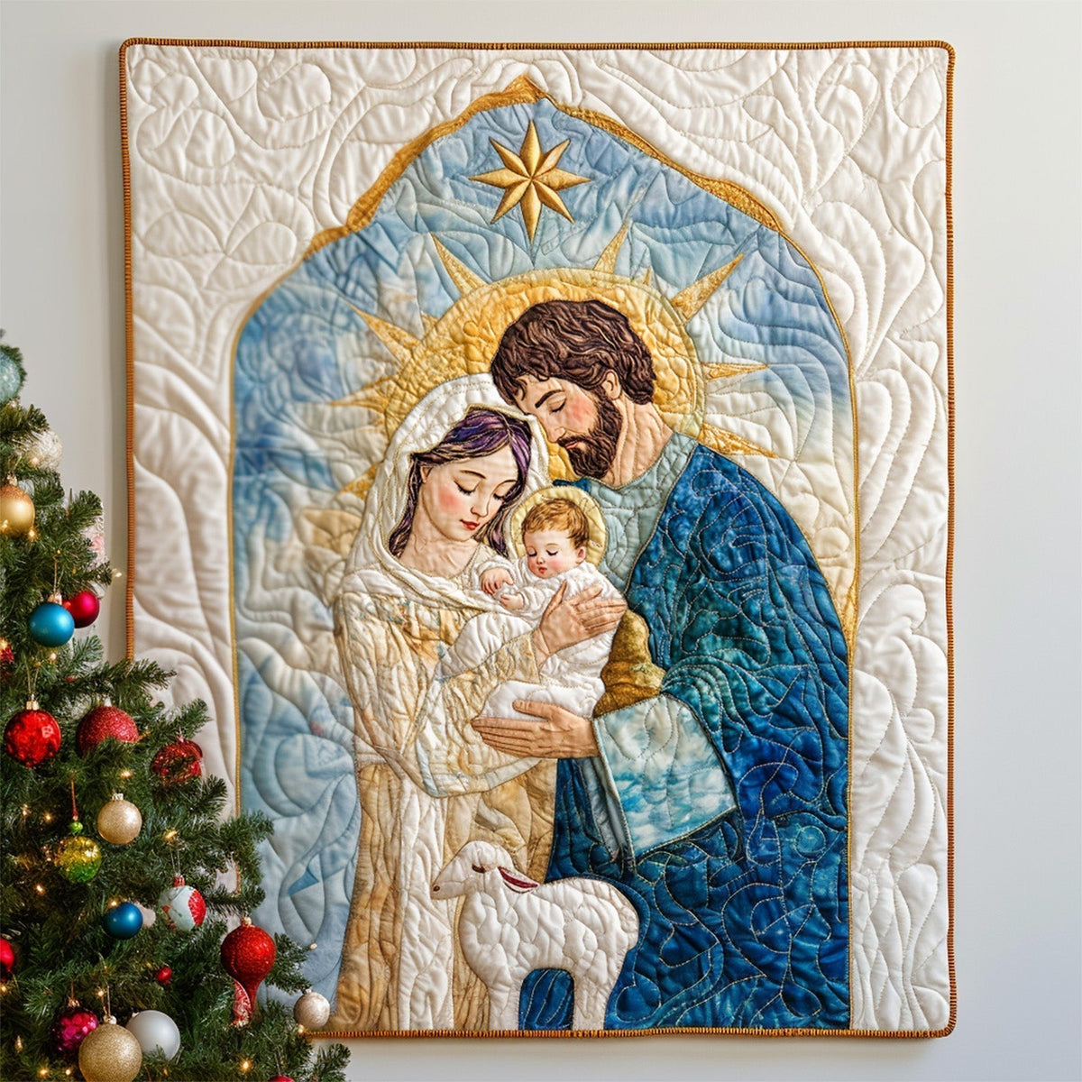 Heilige Familie am Weihnachtsbaum Kunst Wandbehang