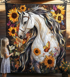 Weisses Pferd unter Sonnenblumen Kunst Wandbehang